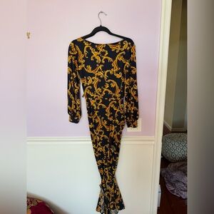 Black & Gold Baroque Print Long Sleeve Women’s Dress Versace-Inspired Pattern